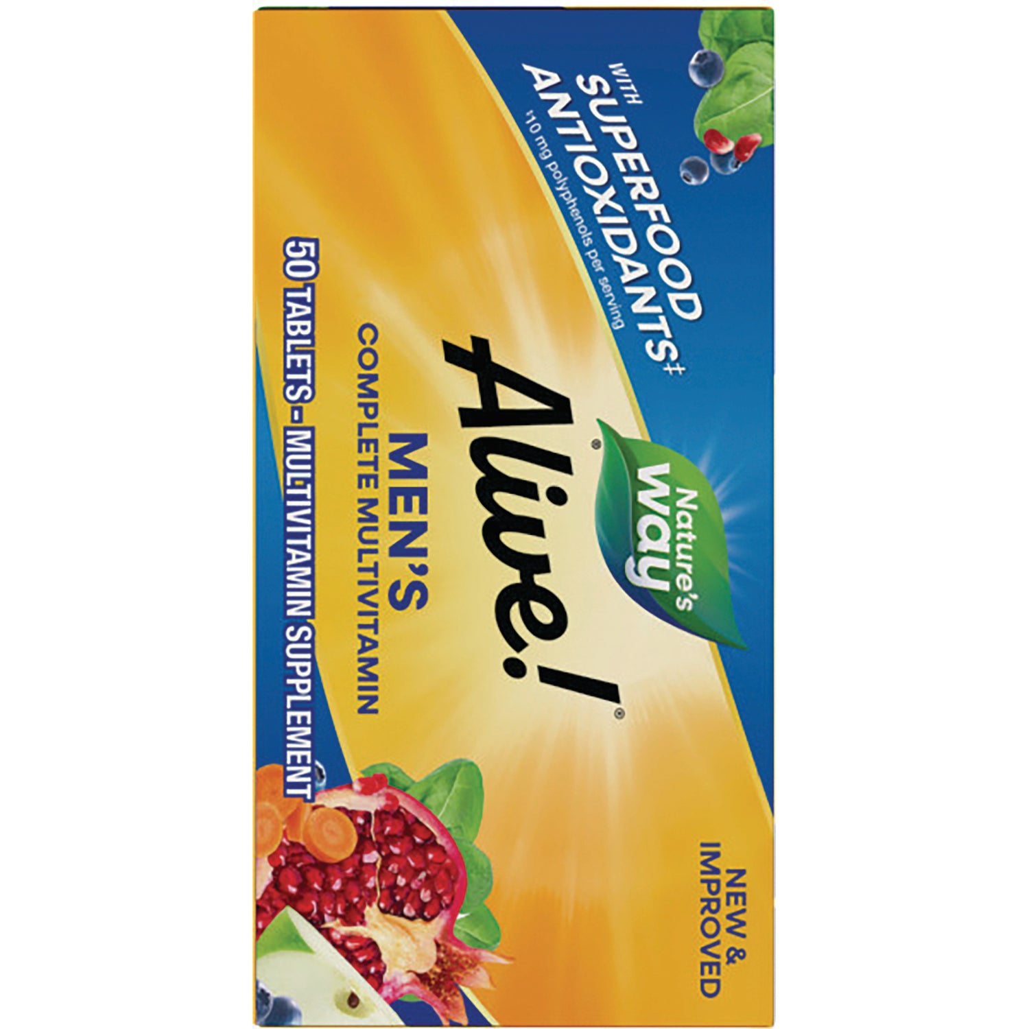 NW1012 | Alive! Men's complete multivitamin box front showing Nature's Way logo and Superfood Antioxidants label