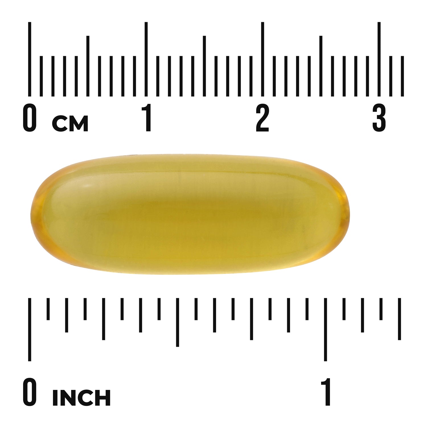 SWE020 | Yellow softgel capsule with centimeter and inch rulers for size reference