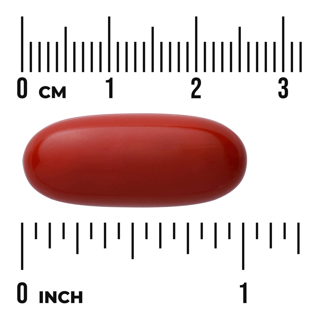 SWE071 | Red oval softgel pill on rulers showing centimeter and inch scales - Thumbnail