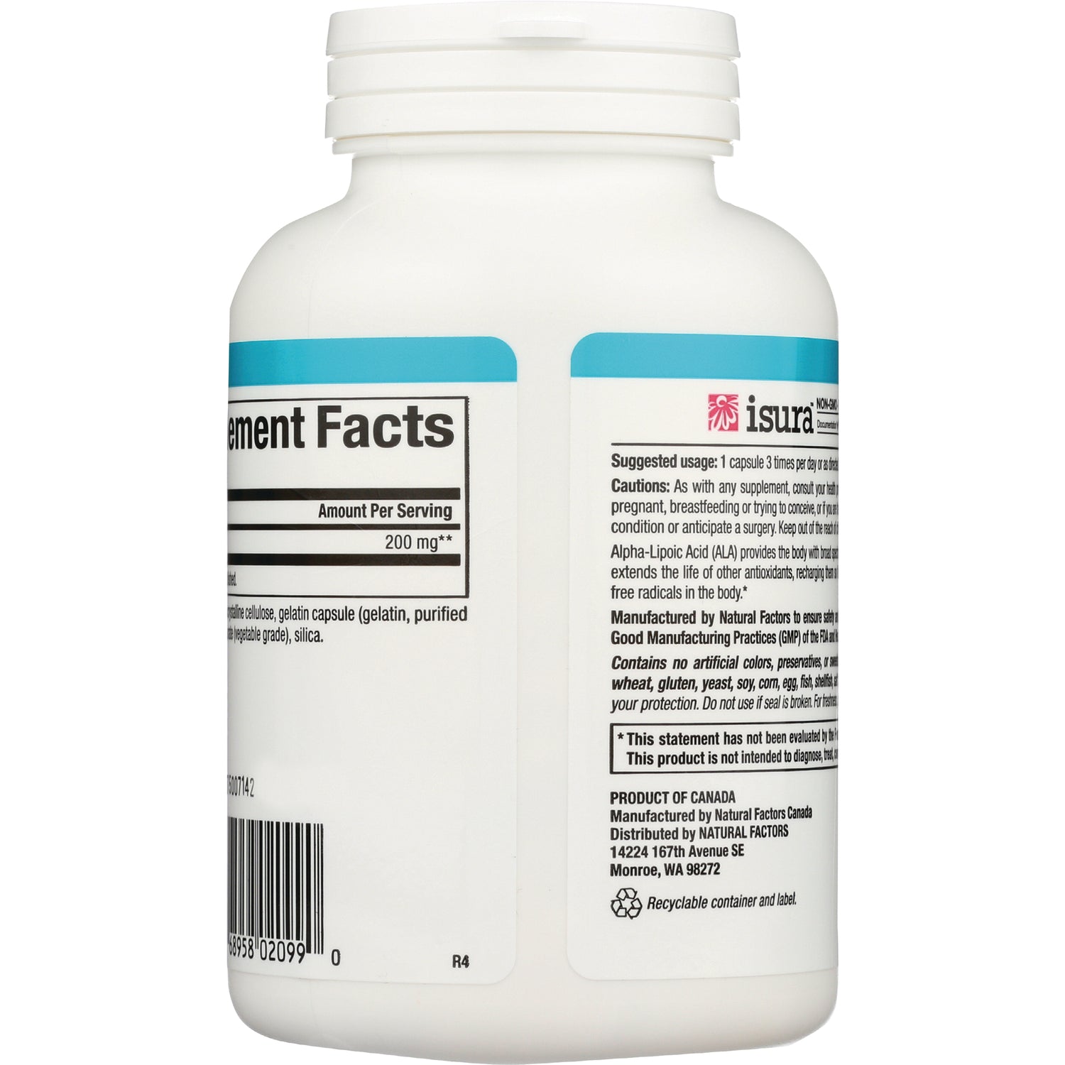 NFC145 | Back of white supplement bottle showing supplement facts panel, label text and barcode