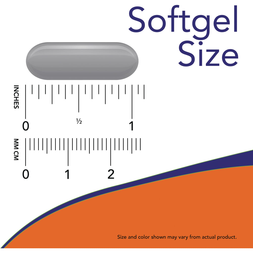 NWF074 | gray softgel capsule over inch and centimeter rulers labeled Softgel Size showing approximate dimensions - Thumbnail
