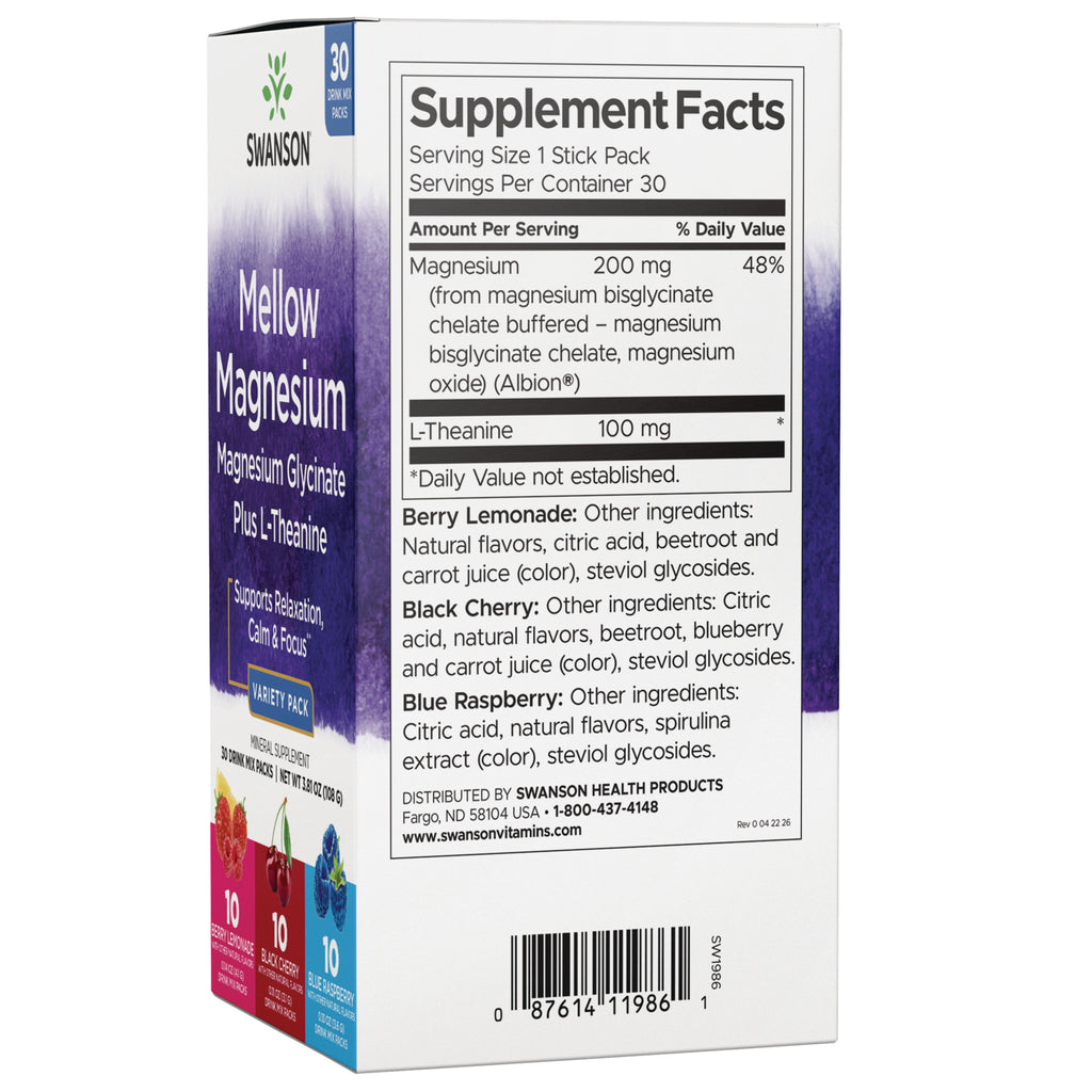 SW1986 | Back panel with Supplement Facts showing Magnesium 200 mg, L-Theanine 100 mg, ingredient list and barcode - Thumbnail
