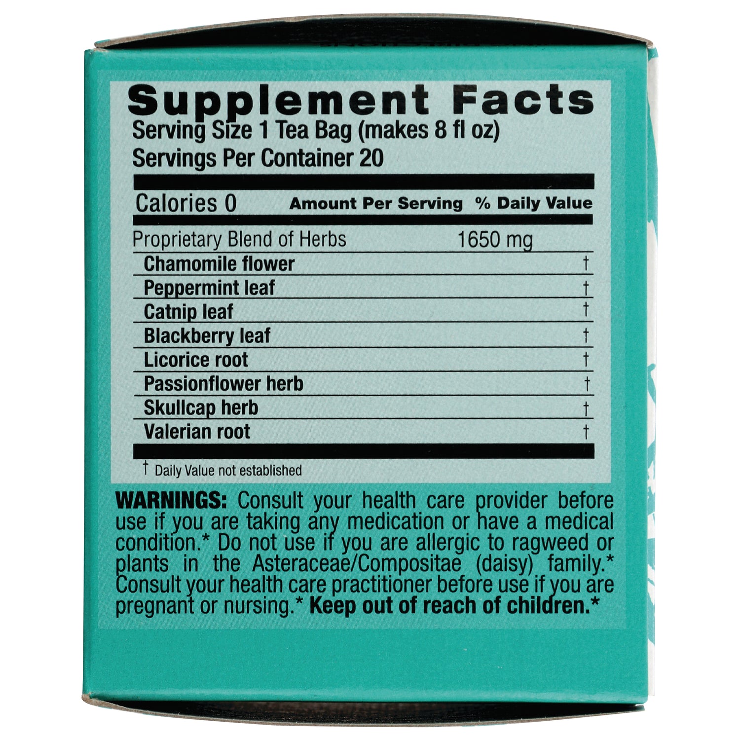 TLT006 | Supplement Facts panel lists herbs: chamomile, peppermint, catnip, licorice, passionflower, skullcap, valerian