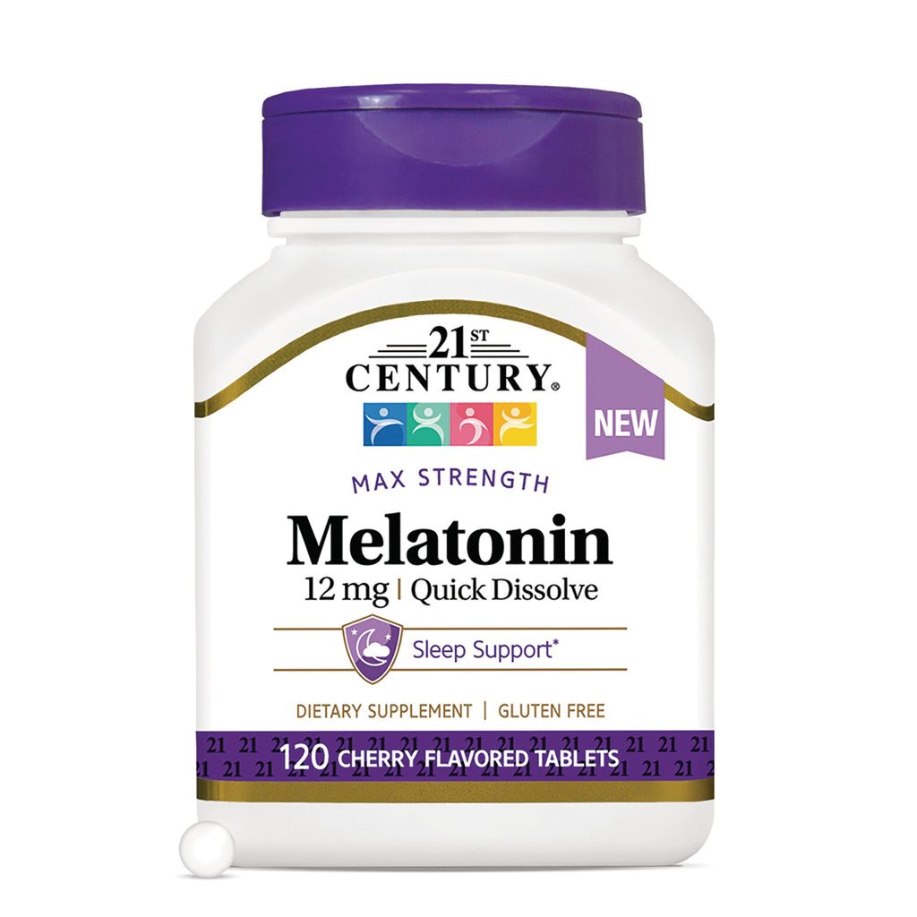 CNT293 | 21st Century Melatonin 12 mg quick dissolve white bottle with purple cap, 120 cherry flavored tablets front label - Thumbnail
