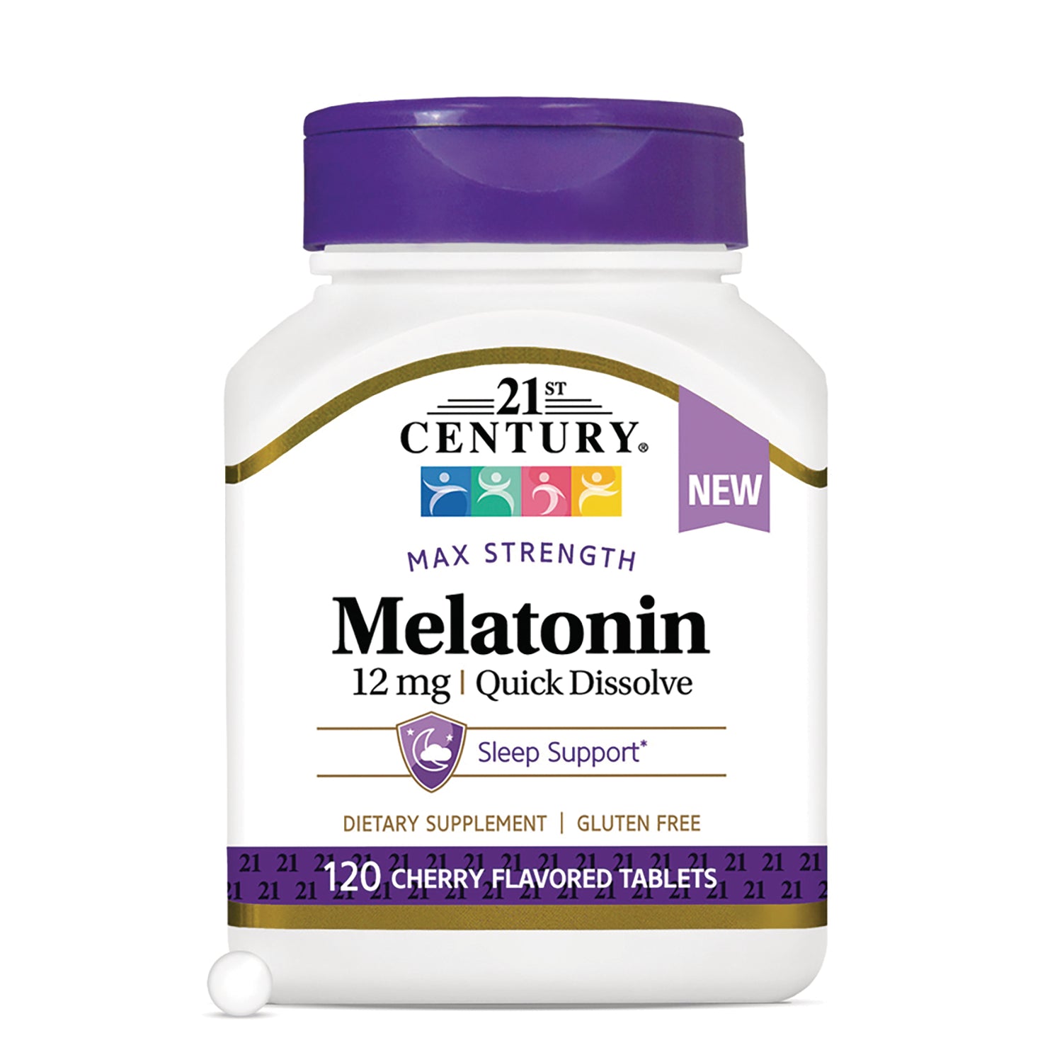 CNT293 | 21st Century Melatonin 12 mg quick dissolve white bottle with purple cap, 120 cherry flavored tablets front label