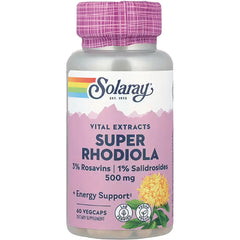 SLR291 | Solaray Super Rhodiola 500 mg bottle with pink label, 60 vegcaps dietary supplement