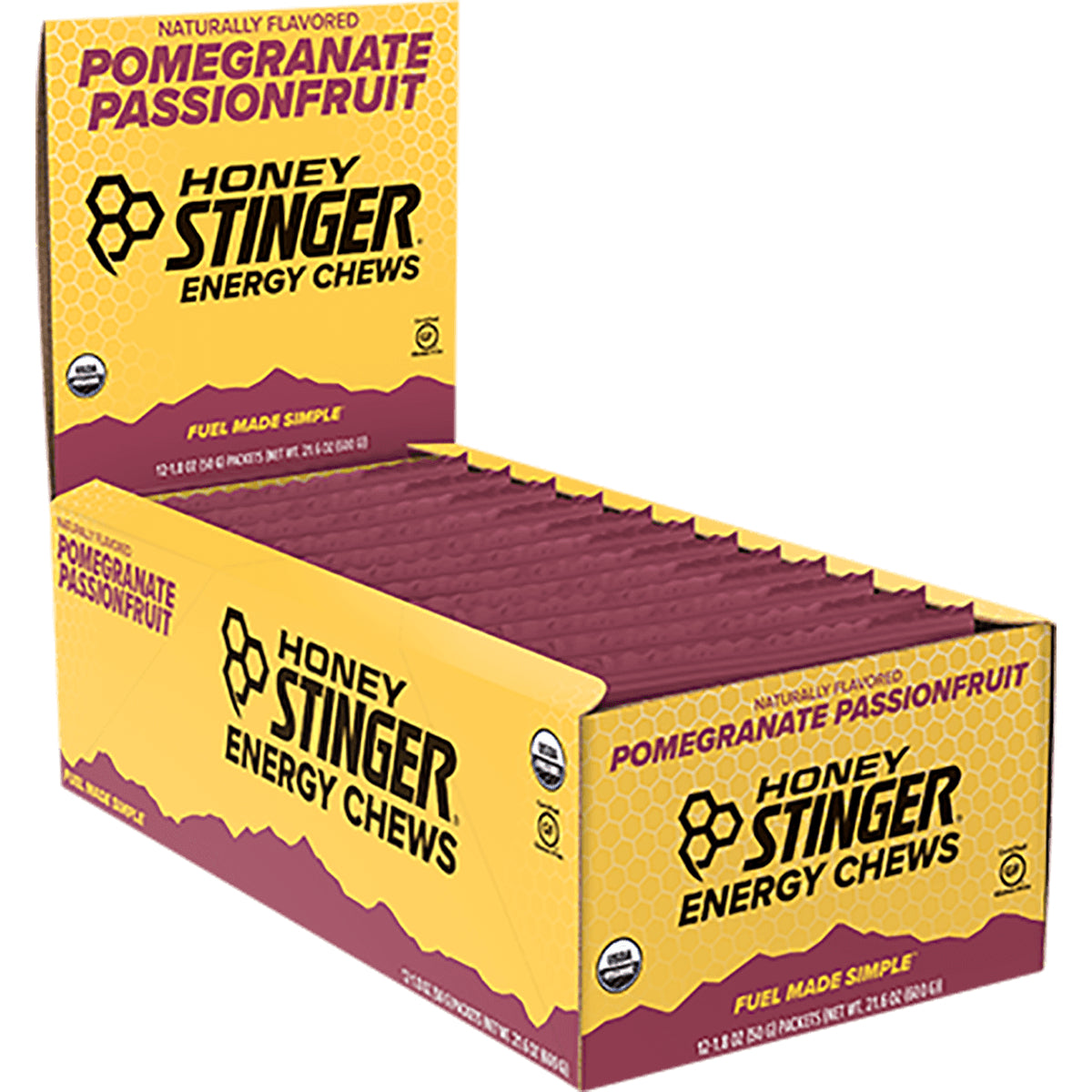HST049 | Honey Stinger Pomegranate Passionfruit energy chews display box with multiple individually wrapped packs