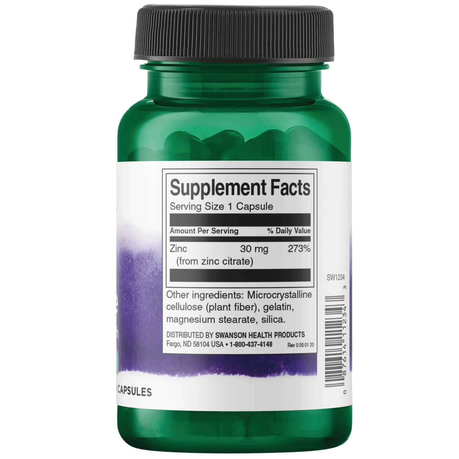 SW1234 | Supplement Facts panel: serving size 1 capsule; zinc 30 mg (273% DV); ingredients list and barcode