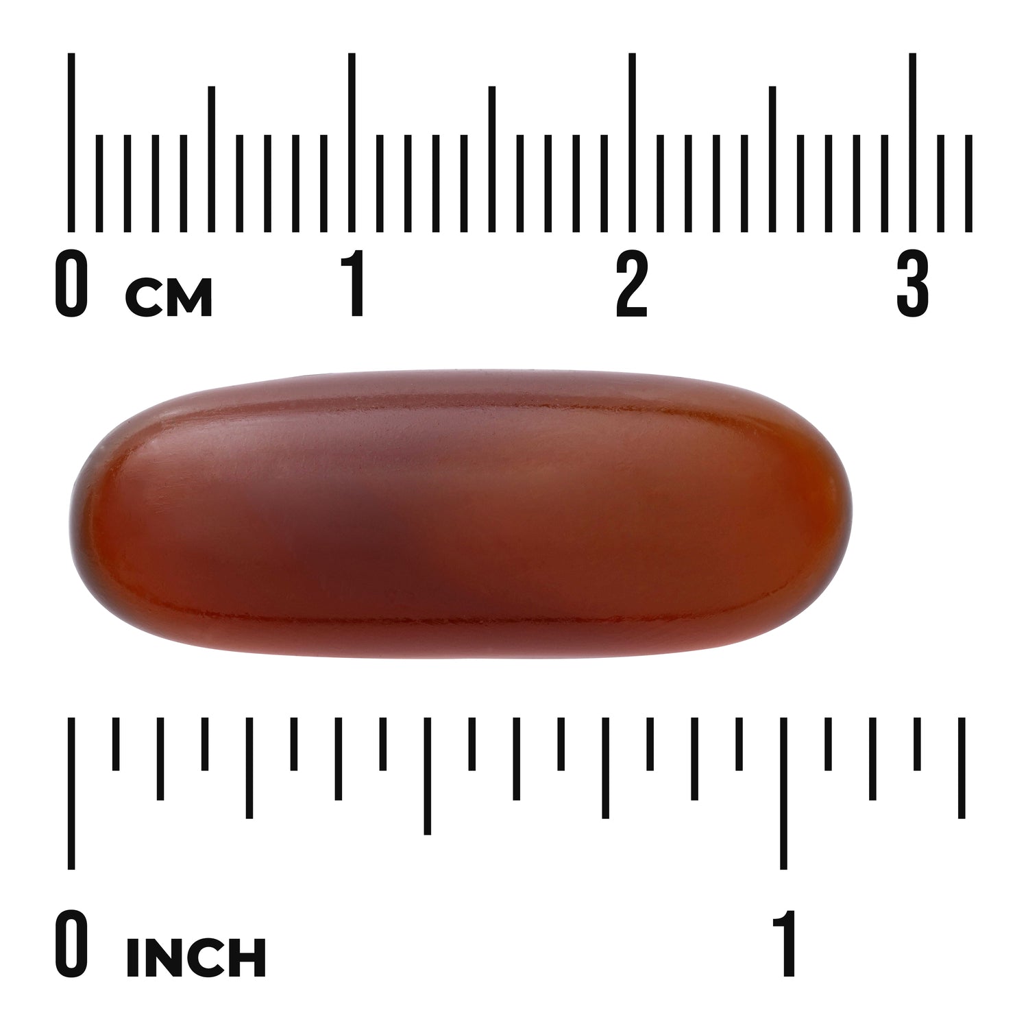 SW1409 | Brown softgel capsule with size rulers labeled CM and INCH