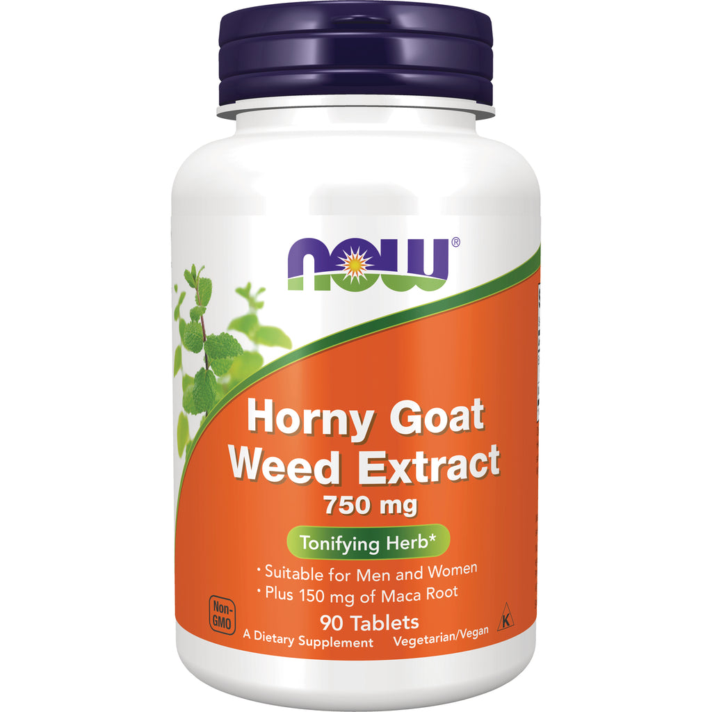 NWF131 | White supplement bottle with NOW Horny Goat Weed Extract 750 mg front label, 90 tablets - Thumbnail