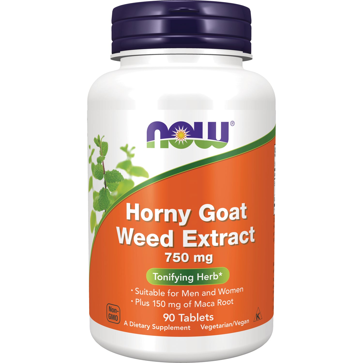 NWF131 | White supplement bottle with NOW Horny Goat Weed Extract 750 mg front label, 90 tablets