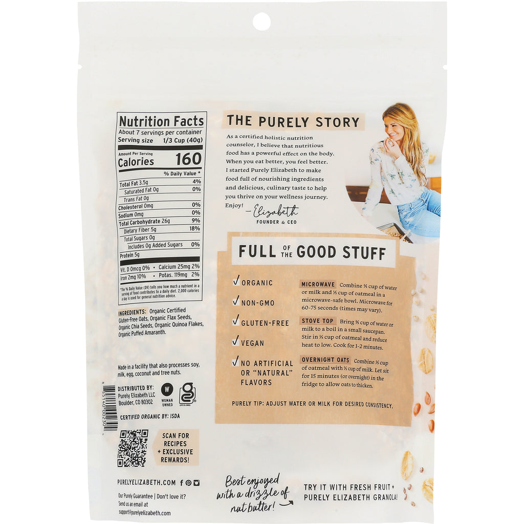 Back of resealable oatmeal pouch showing nutrition facts, ingredients, usage tips and founder note - Thumbnail