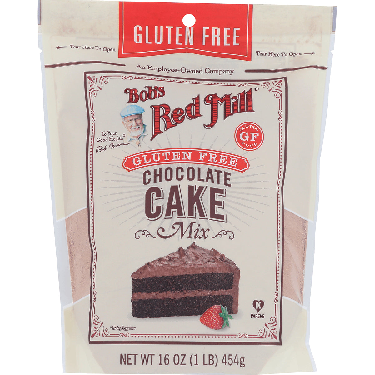 BOB437 | Bob's Red Mill Gluten Free Chocolate Cake Mix pouch front showing slice of chocolate cake and strawberry