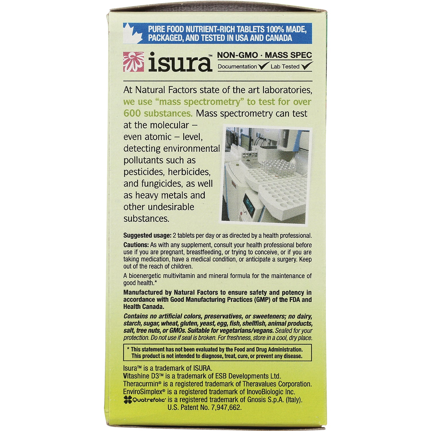 NFC177 | Back of supplement box showing mass spectrometry lab text, small lab photo, usage and caution statements