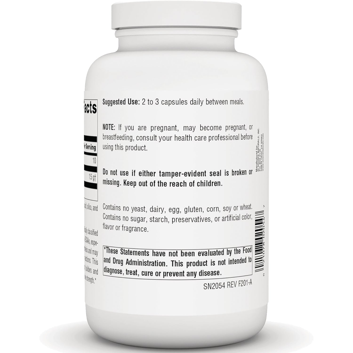SN793 | Back label of supplement bottle showing suggested use, safety warnings, and allergen-free statement