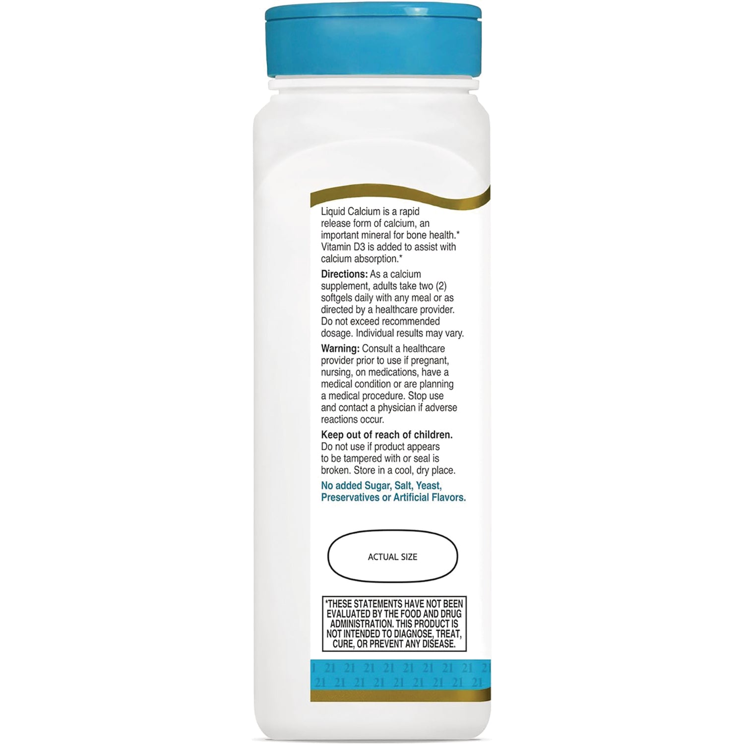 CNT026 | Back label of white supplement bottle showing directions, warnings, ingredient cautions, and an actual size circle