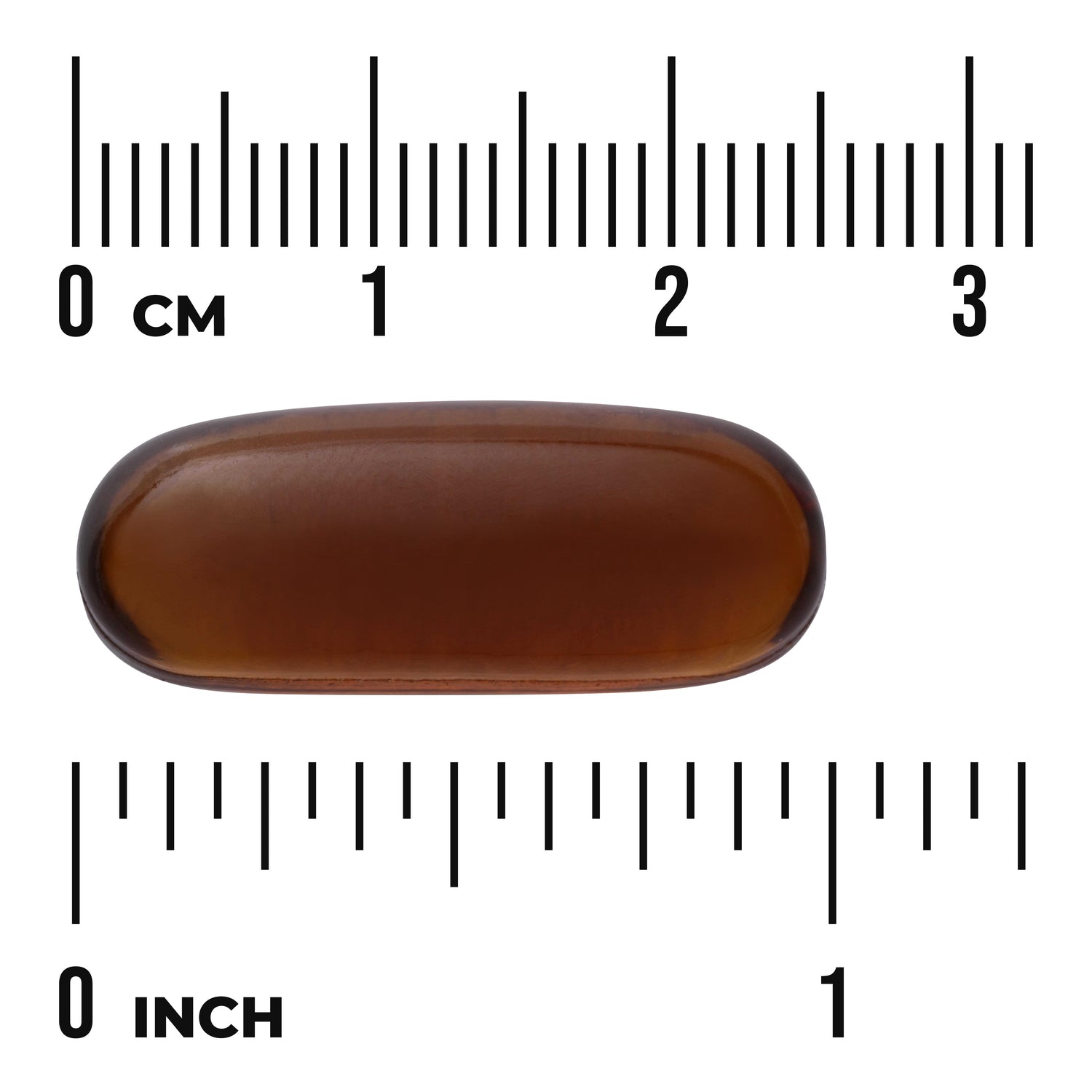 SW364 | Brown oval softgel with size scale in centimeters and inches