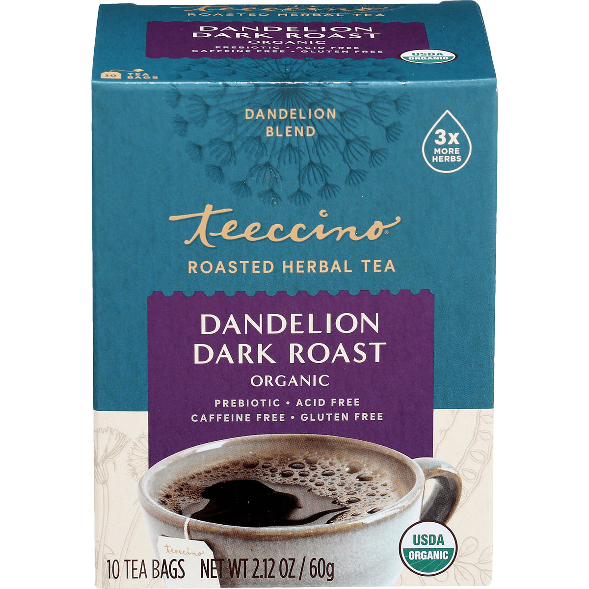 TCN019 | Teeccino Roasted Herbal Tea, Dandelion Dark Roast Organic box, 10 tea bags, USDA Organic