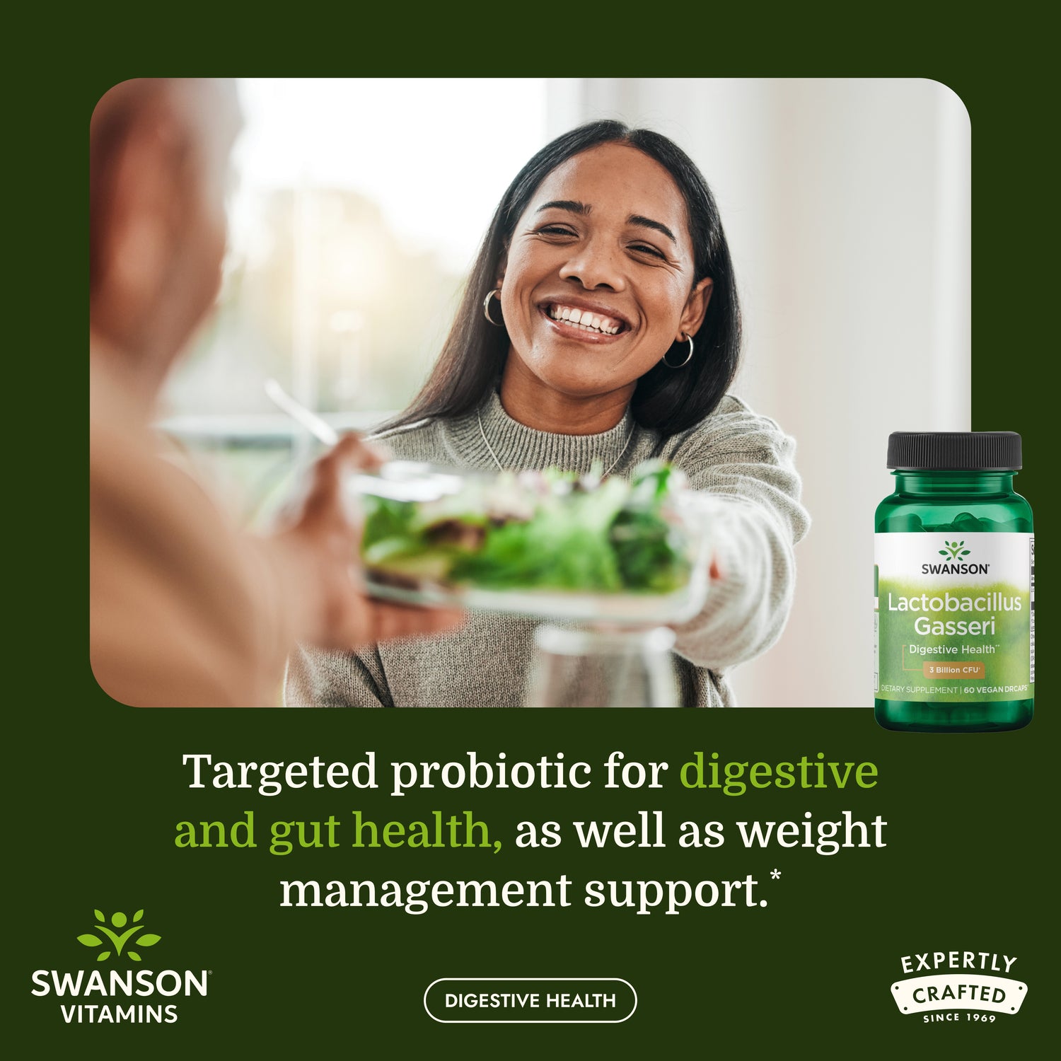 SWA027 | woman with salad and probiotic green bottle in foreground