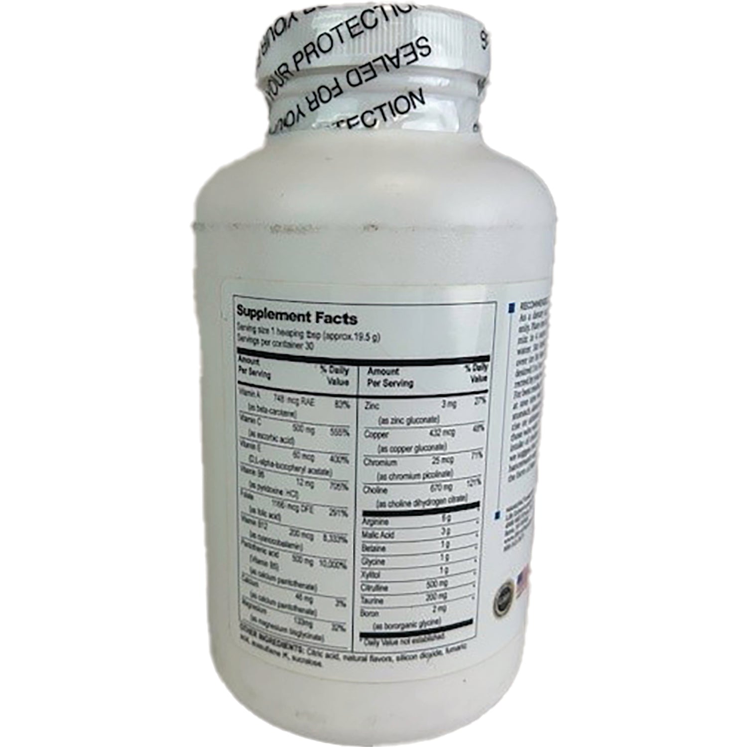 LEN019 | Back label showing Supplement Facts panel and ingredient table on white supplement bottle