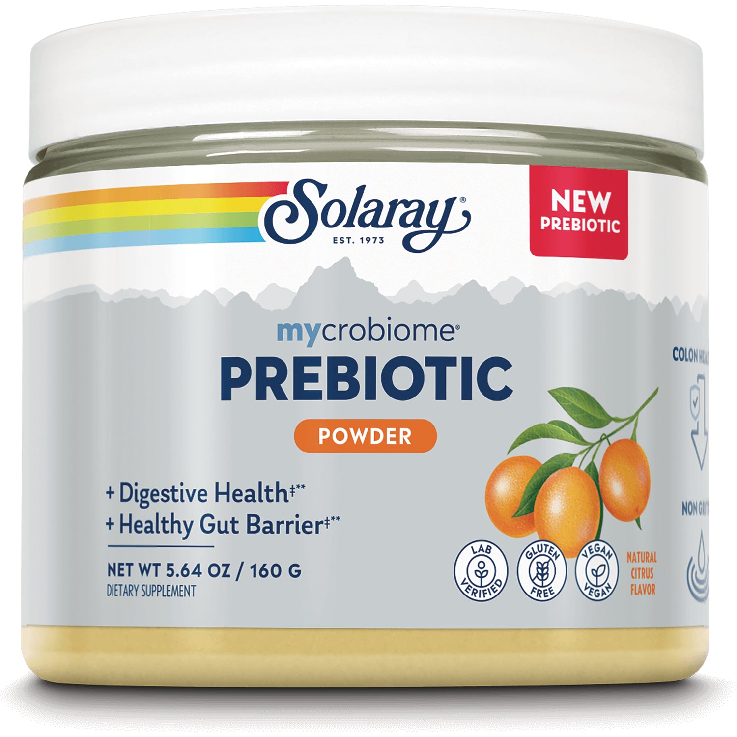 SLR497 | Solaray mycrobiome Prebiotic Powder, natural citrus flavor, 5.64 oz