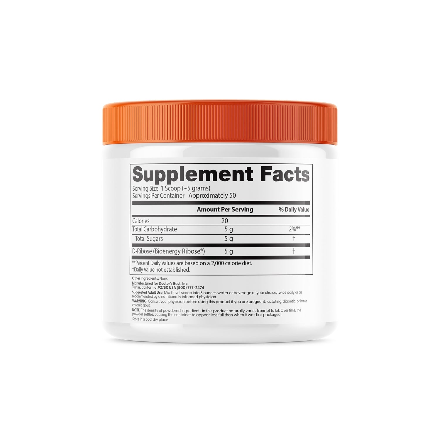 DB081 | Supplement facts and usage directions on back of white jar showing D-Ribose 5 g and non-GMO, gluten free, soy free, vegan