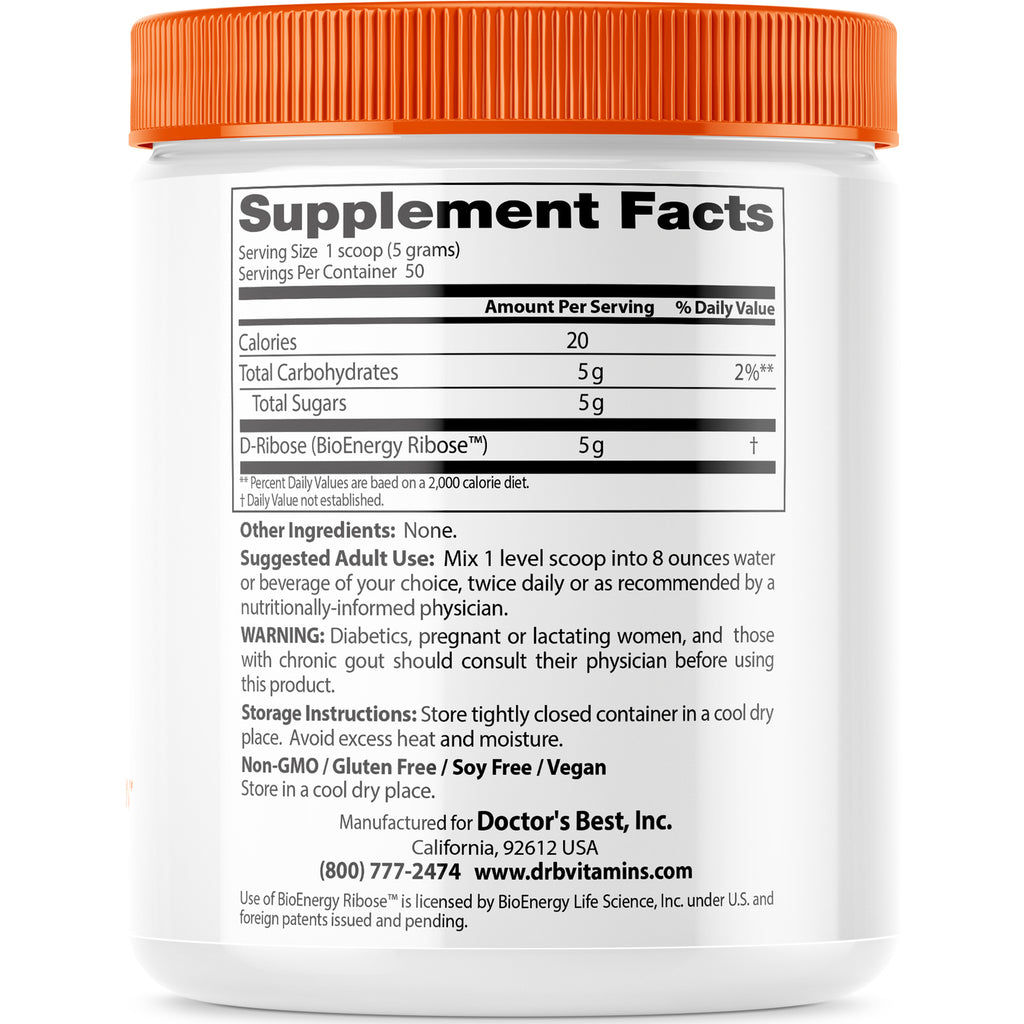 DB081 | Supplement facts and usage directions on back of white jar showing D-Ribose 5 g and non-GMO, gluten free, soy free, vegan - Thumbnail
