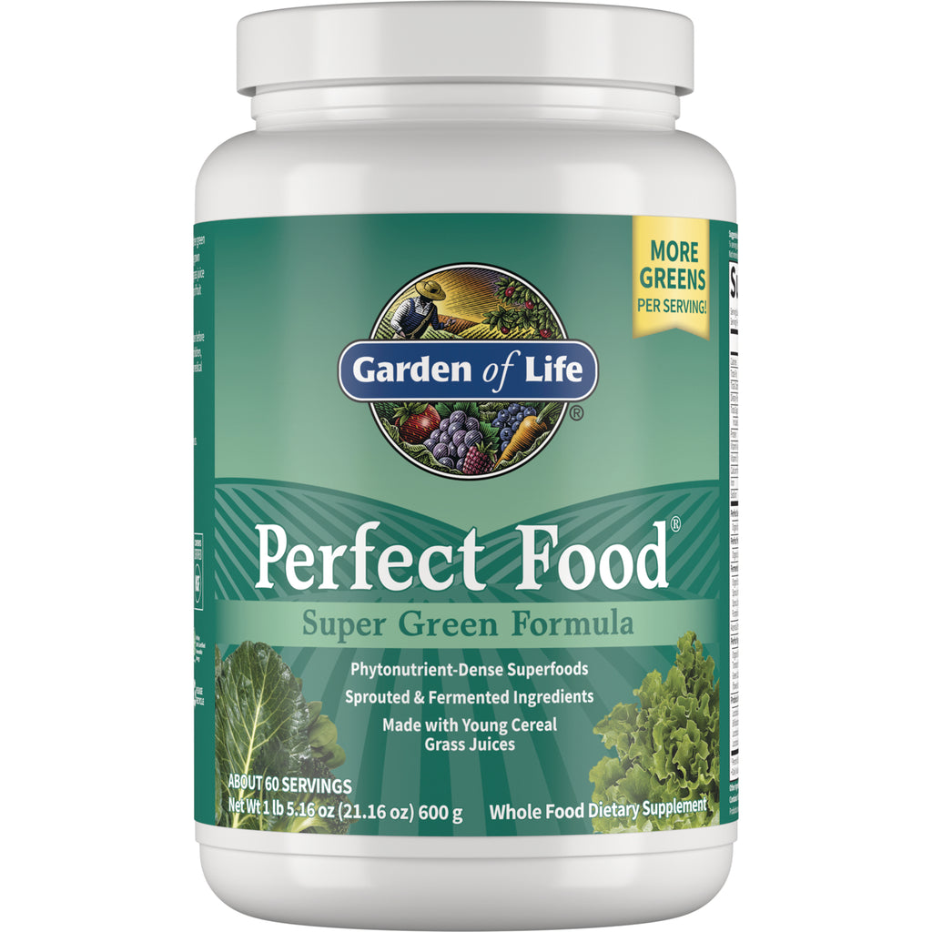 GLF031 | Garden of Life Perfect Food Super Green Formula supplement tub front label showing logo and product name - Thumbnail