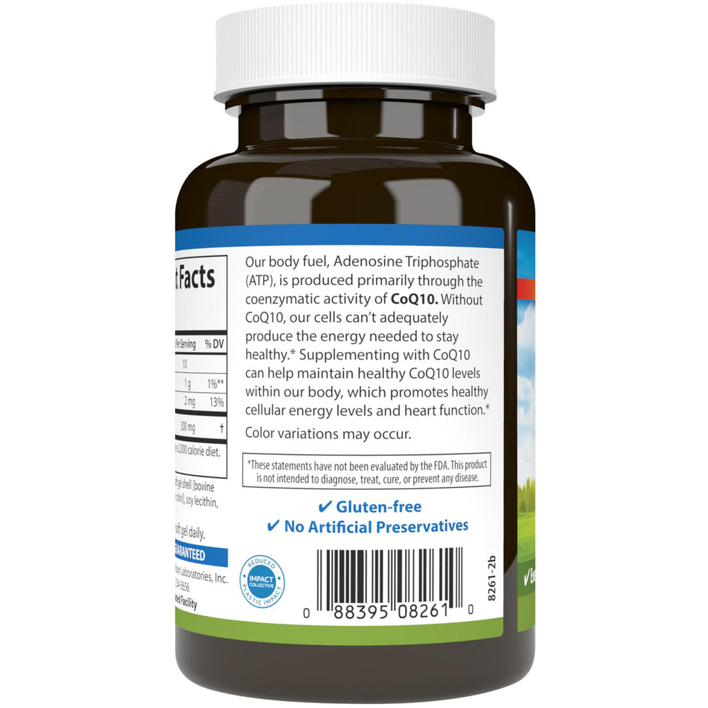 CSN097 | Back of CoQ10 supplement bottle with facts panel, benefits text, gluten-free claim, and barcode - Thumbnail