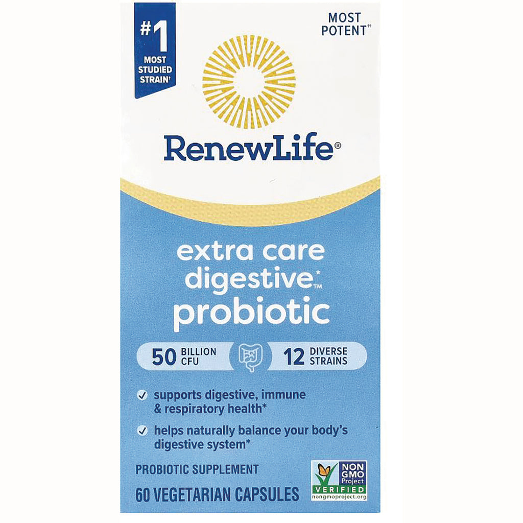 RNL236 | RenewLife extra care digestive probiotic front packaging, 50 billion CFU, 12 strains, 60 vegetarian capsules - Thumbnail