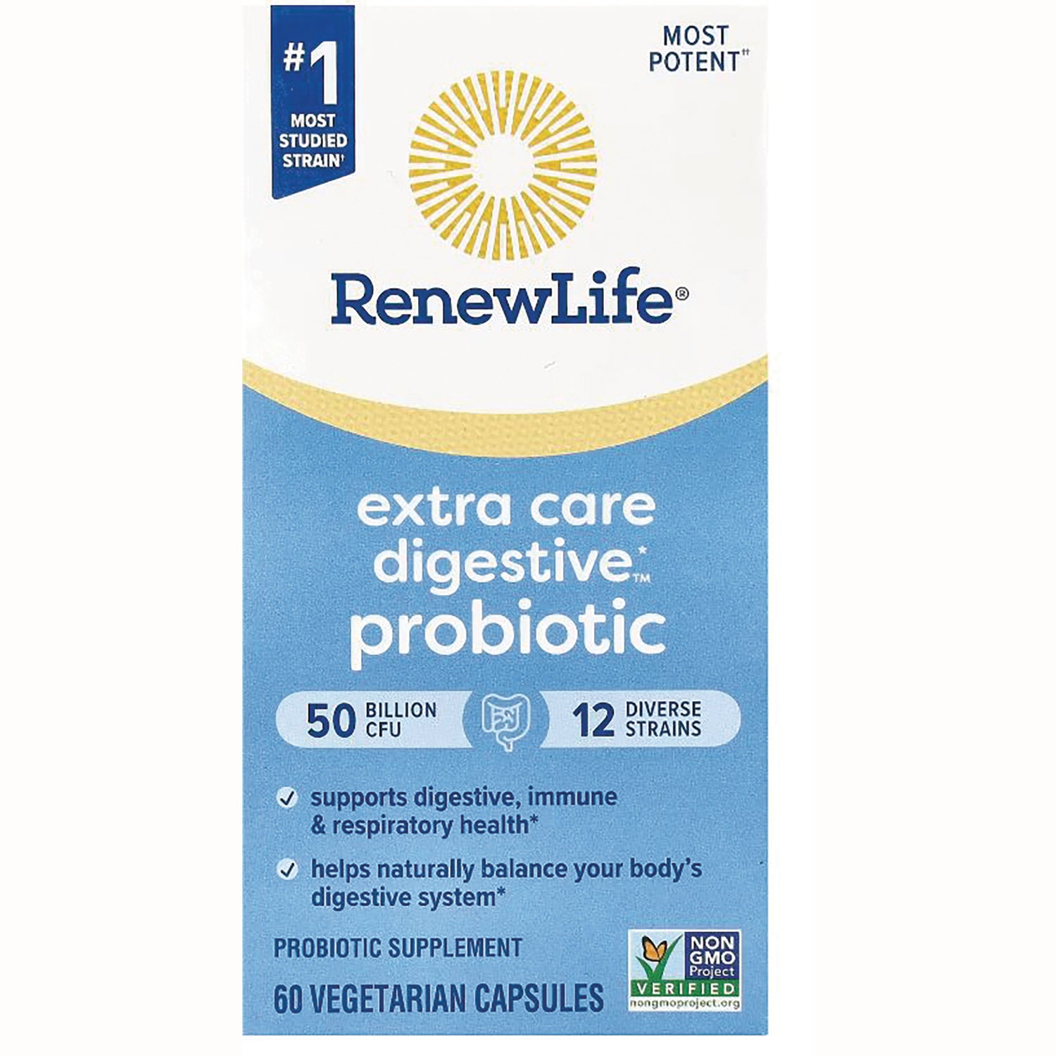 RNL236 | RenewLife extra care digestive probiotic front packaging, 50 billion CFU, 12 strains, 60 vegetarian capsules