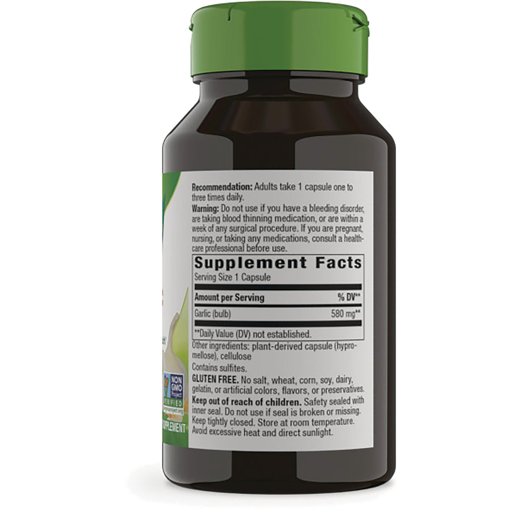 NW935 | Back of brown supplement bottle with green cap showing Supplement Facts panel, garlic 580 mg and usage warnings - Thumbnail