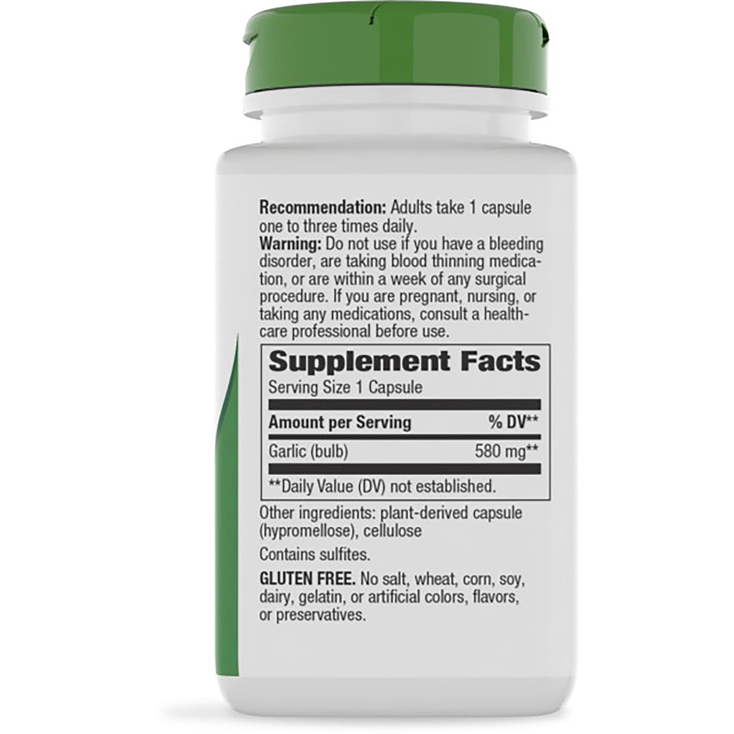 NW935 | Back of brown supplement bottle with green cap showing Supplement Facts panel, garlic 580 mg and usage warnings
