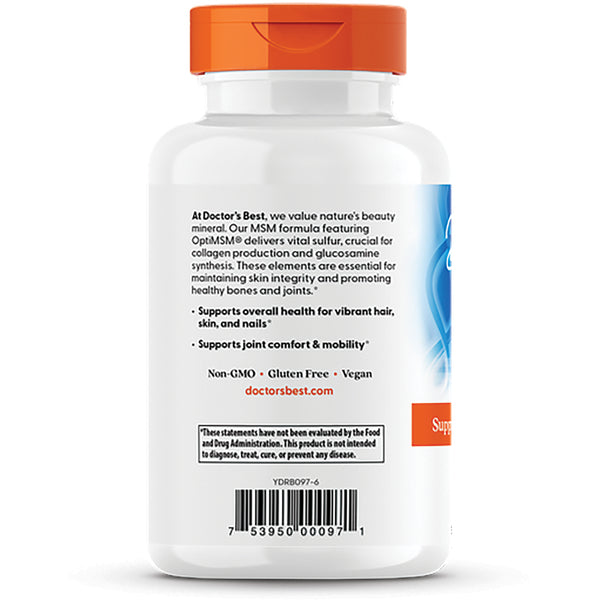DB087 | Back label of white supplement bottle showing MSM with OptiMSM description, support claims and barcode