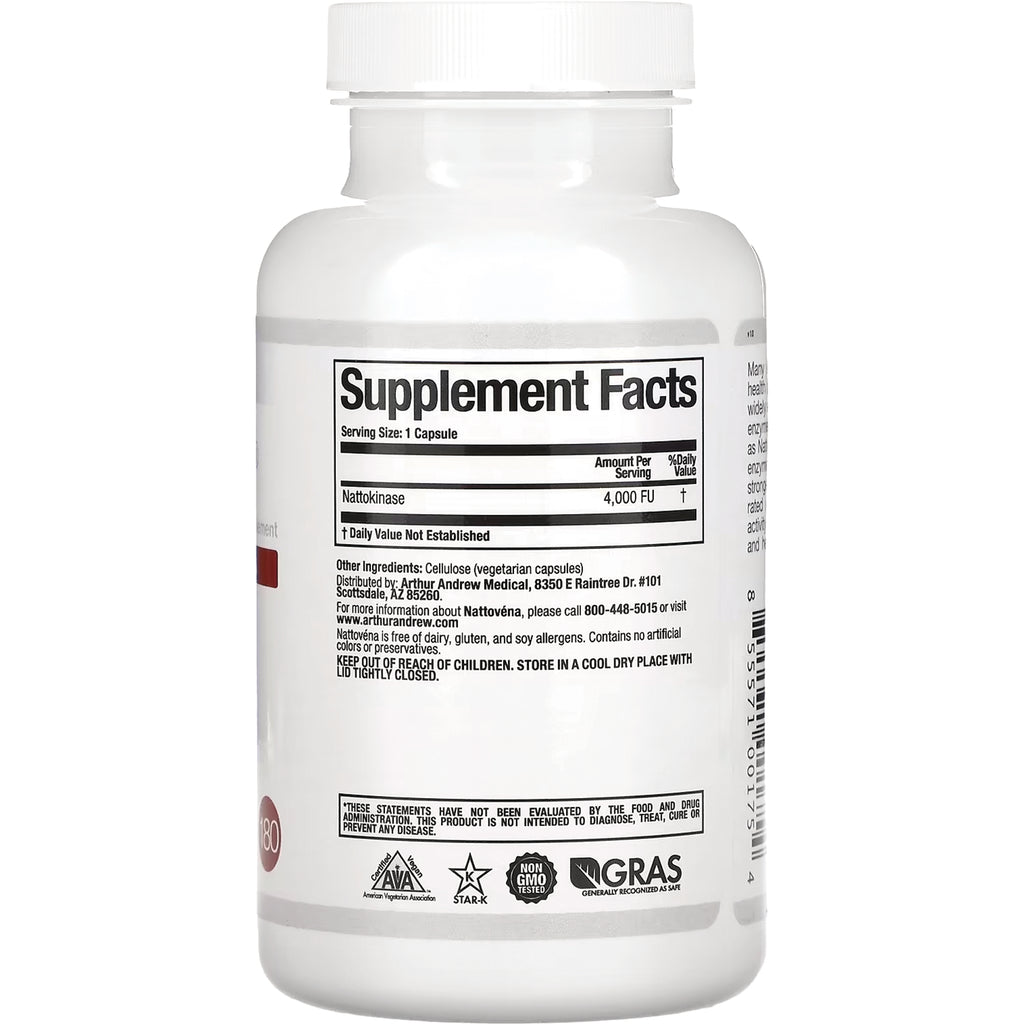 AAM016 | White supplement bottle back showing Supplement Facts panel listing Nattokinase 4,000 FU, serving size 1 capsule - Thumbnail