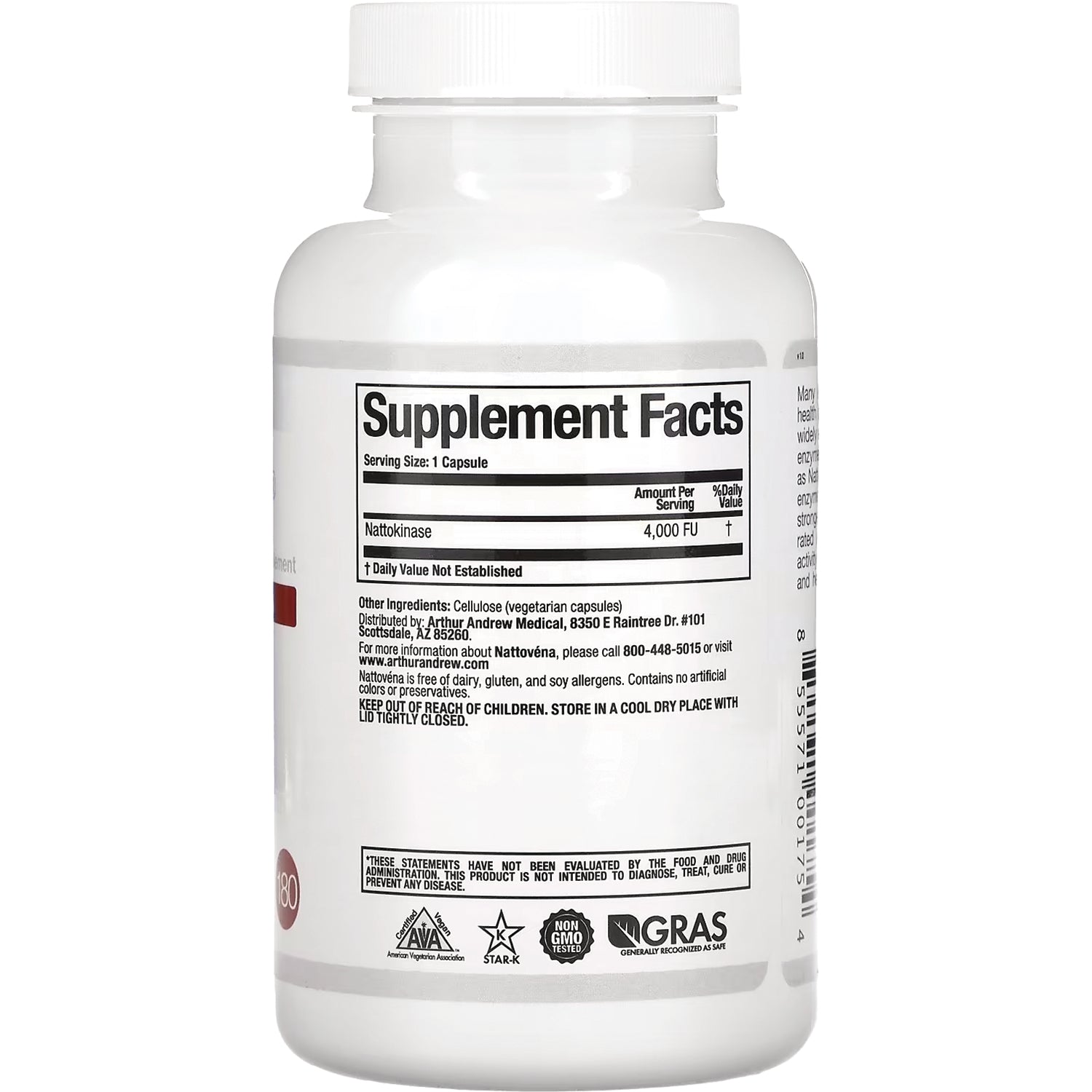 AAM016 | White supplement bottle back showing Supplement Facts panel listing Nattokinase 4,000 FU, serving size 1 capsule
