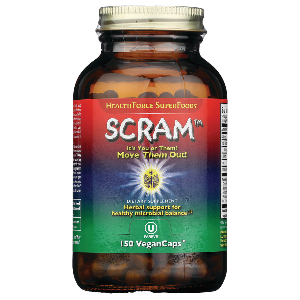 HFC006 | SCRAM dietary supplement bottle front, 150 VeganCaps label, herbal support for healthy microbial balance - Thumbnail