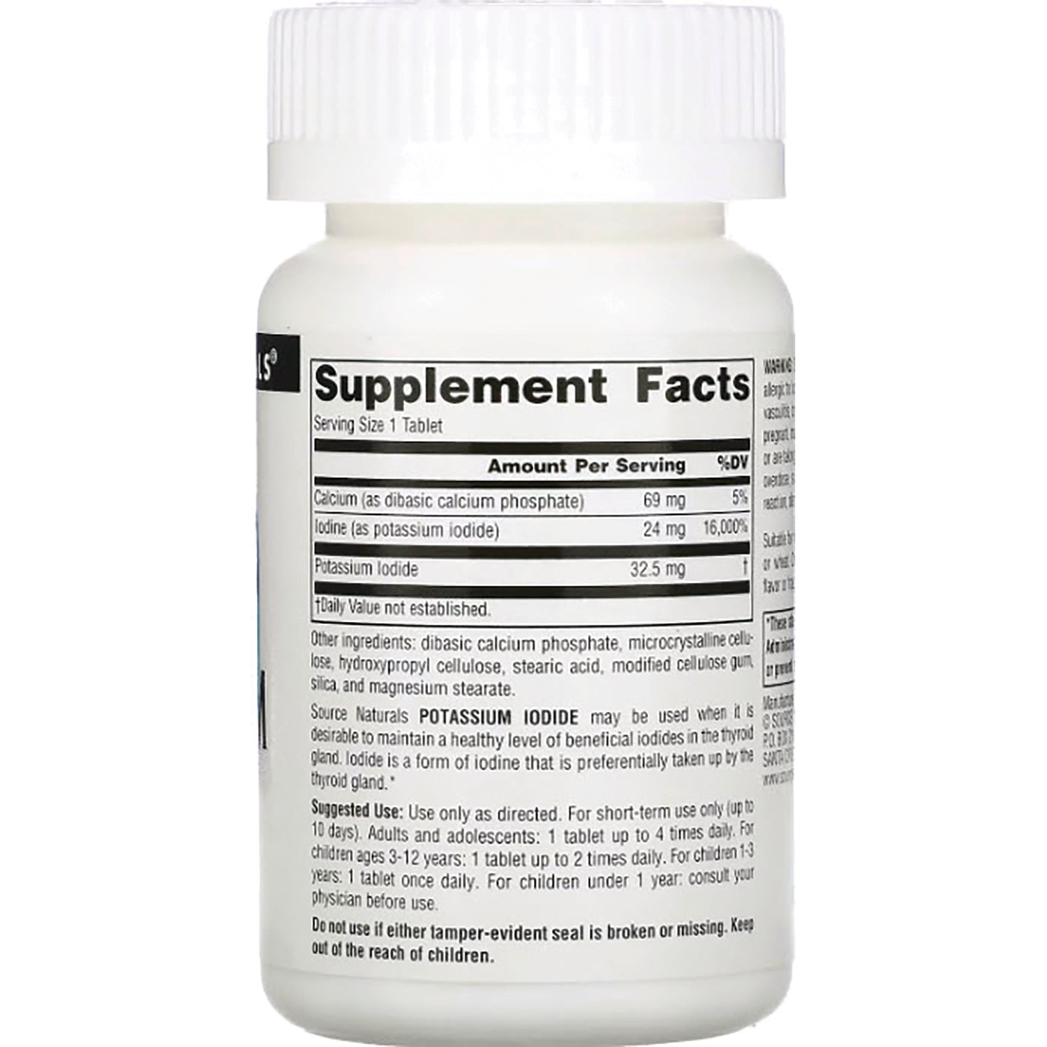 SN166 | Back of white supplement bottle showing Supplement Facts panel and ingredient text including potassium iodide
