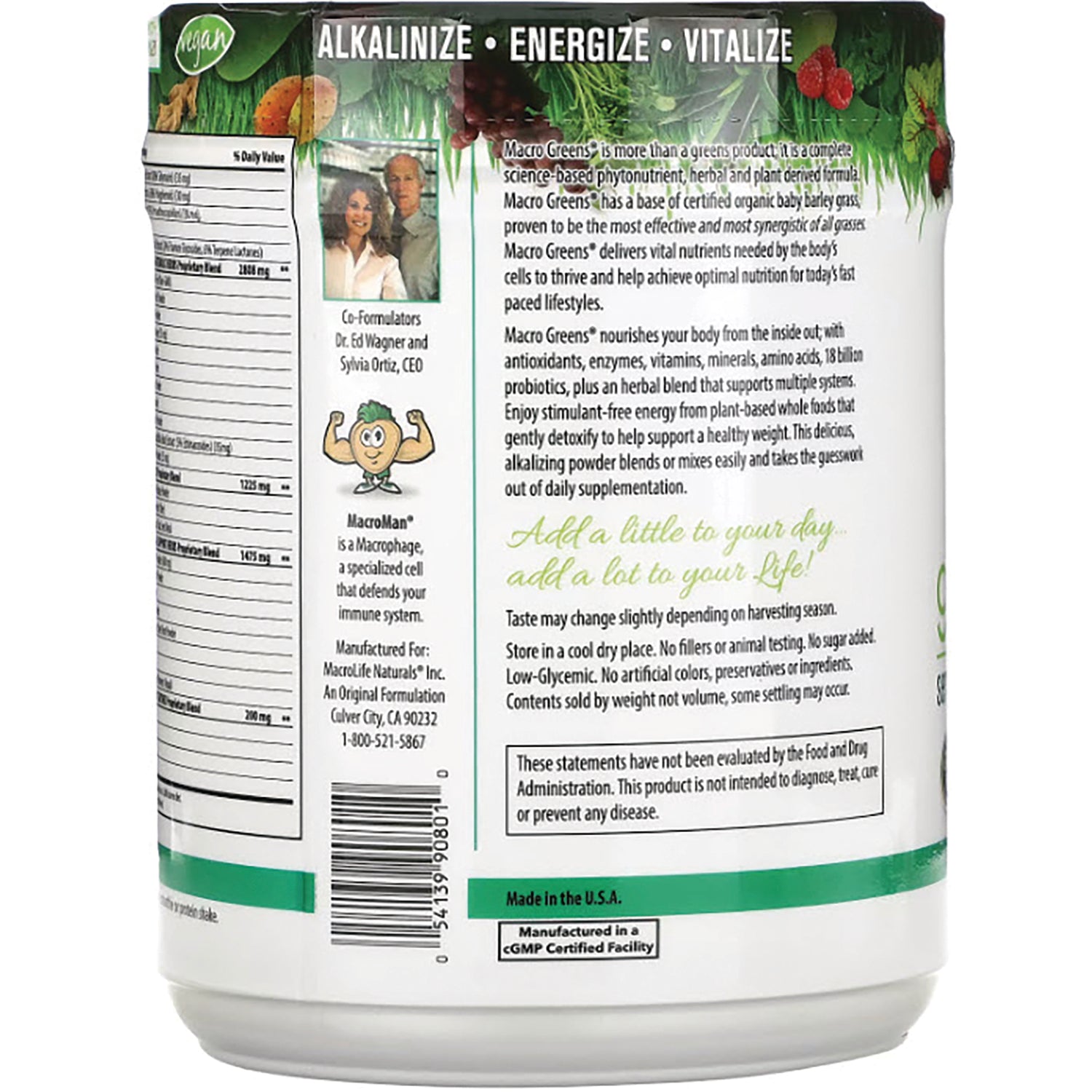 MCL002 | back label showing nutrition facts, ingredients, barcode and product information on white-green supplement jar