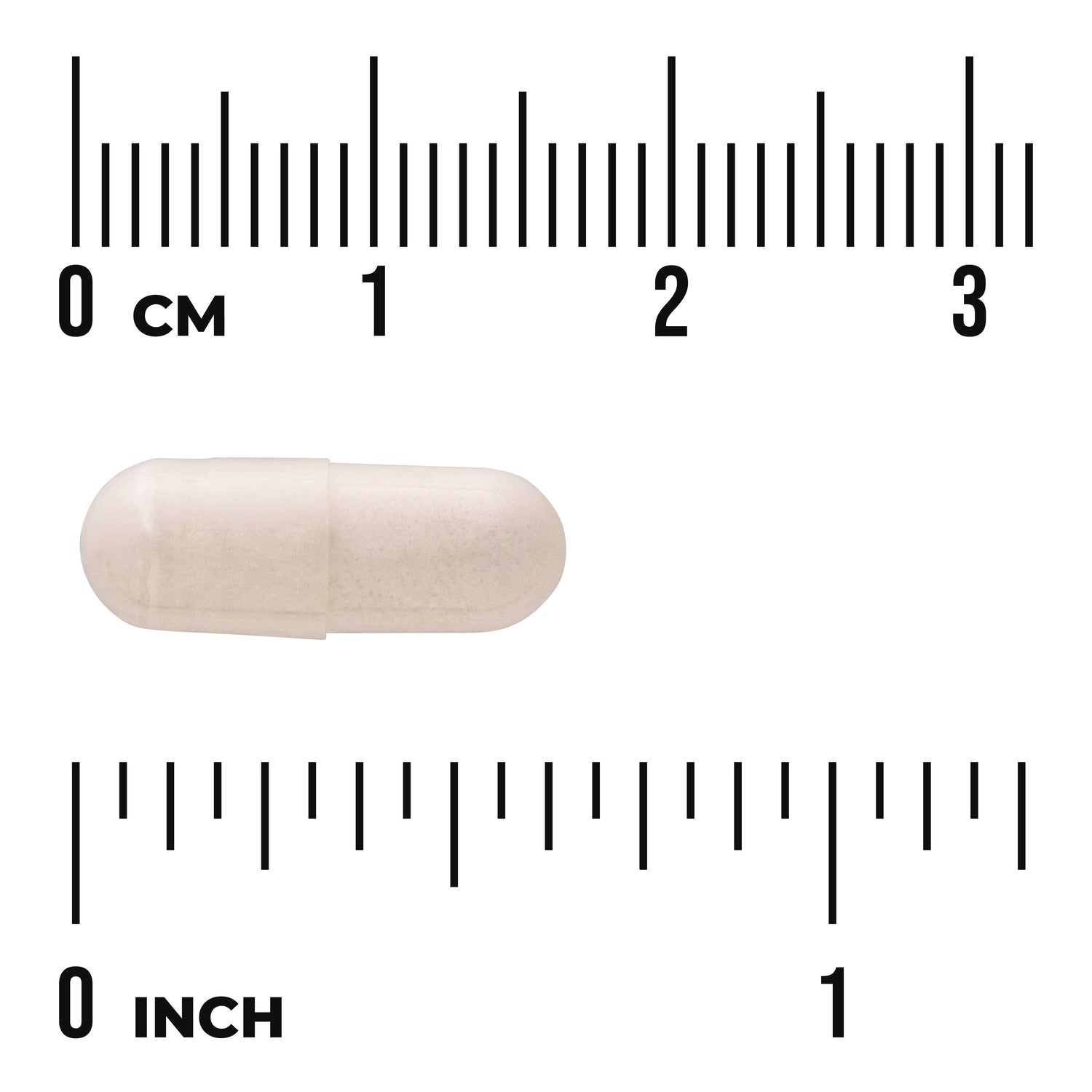 SWU764 | White capsule with size reference, rulers labeled 03 cm and 01 inch