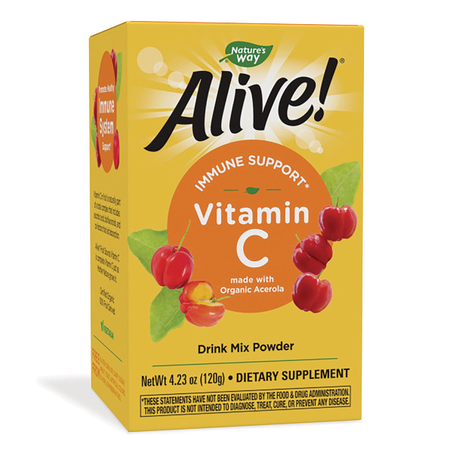 NW650 | Alive! Vitamin C drink mix powder box made with organic acerola, yellow front packaging