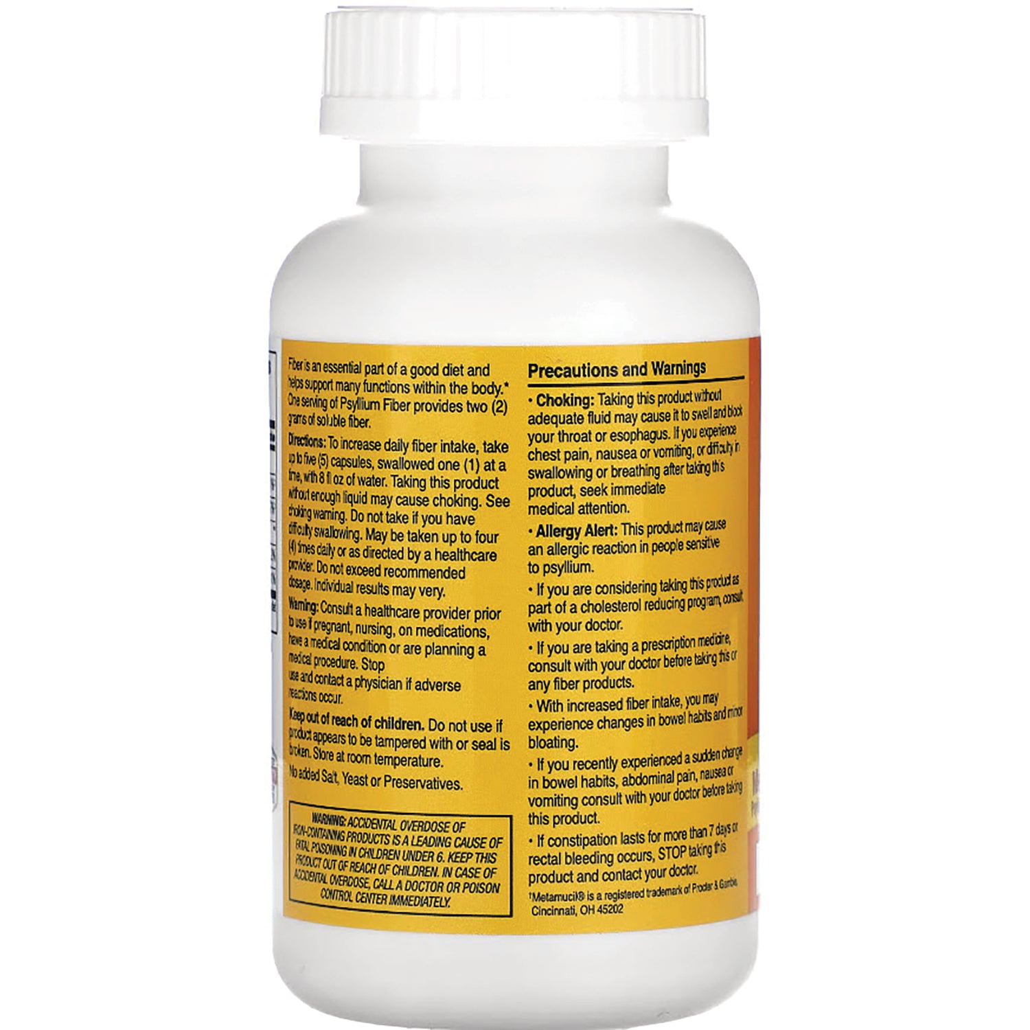 CNT137 | Back label of white supplement bottle showing yellow panel with directions, precautions, and warnings