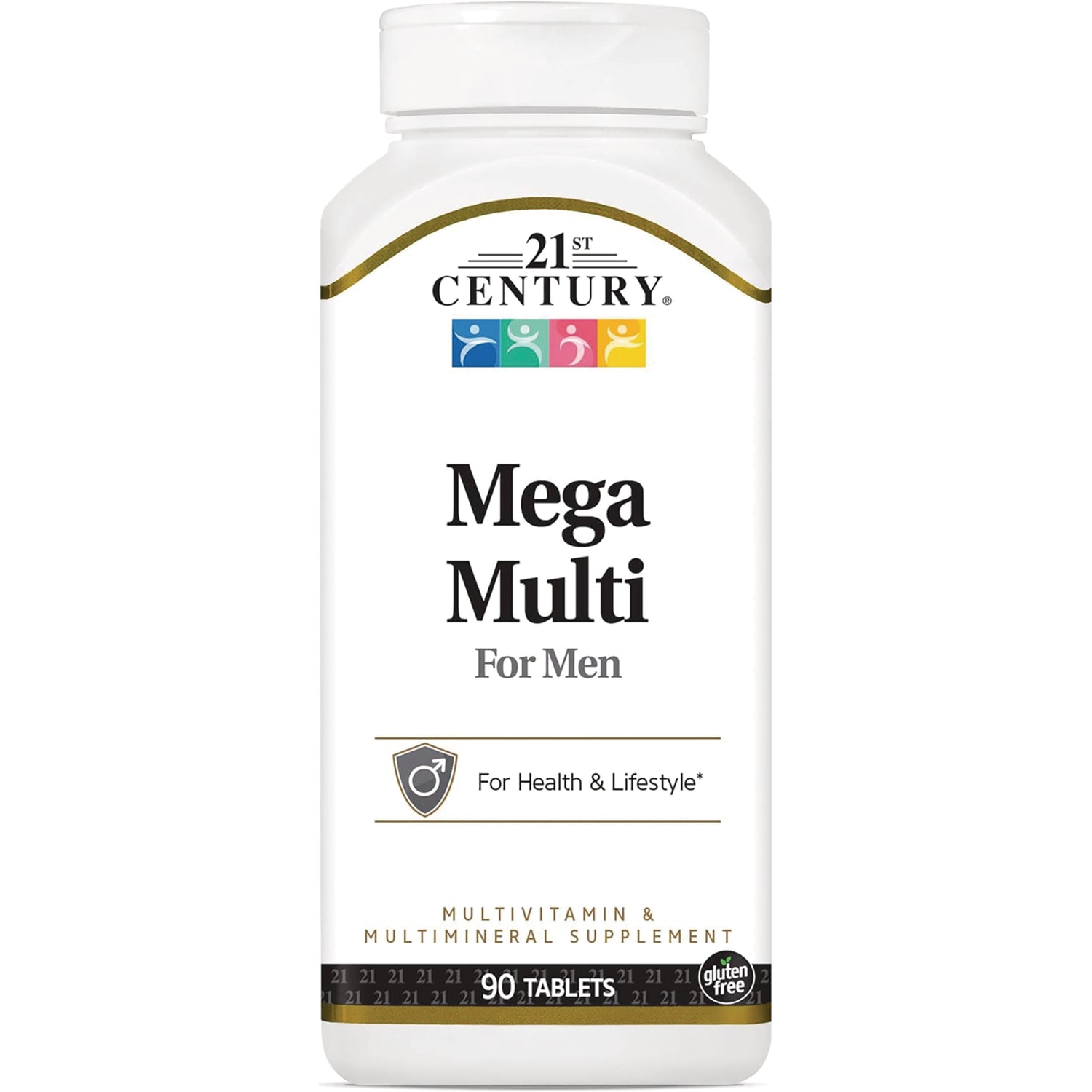 CNT100 | 21st CENTURY Mega Multi For Men bottle showing multivitamin label, 90 TABLETS and gluten free