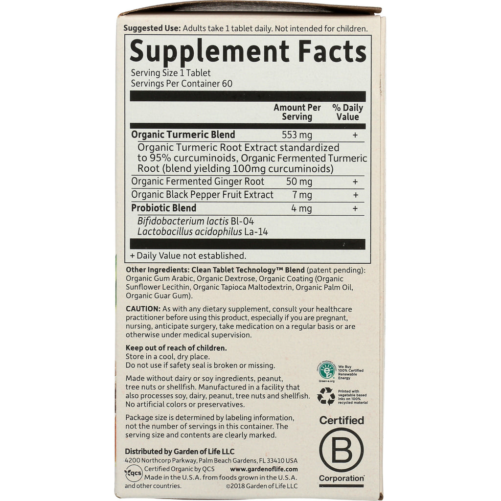 GLF255 | Supplement Facts back panel showing organic turmeric blend, probiotic blend, other ingredients and cautions - Thumbnail