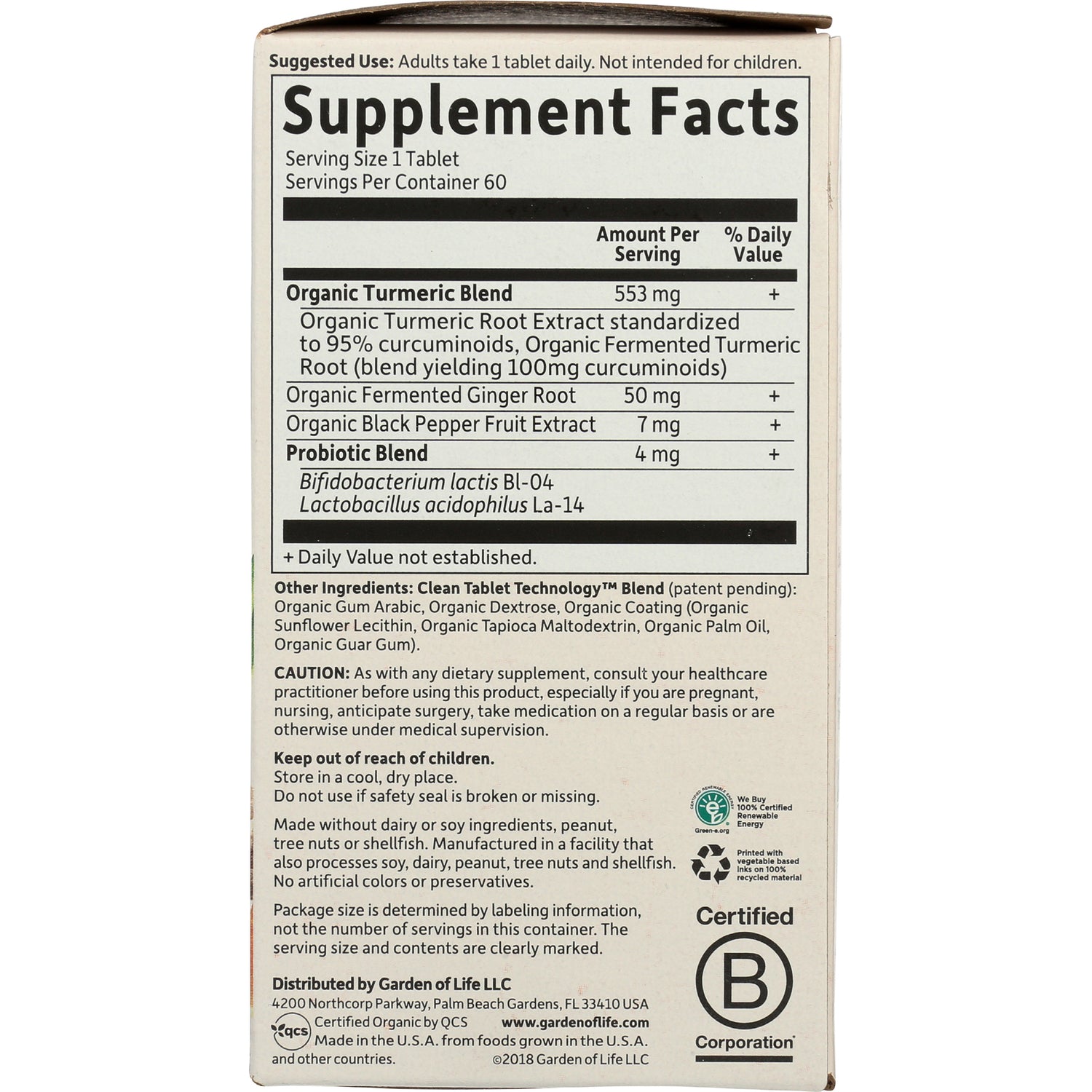 GLF255 | Supplement Facts back panel showing organic turmeric blend, probiotic blend, other ingredients and cautions