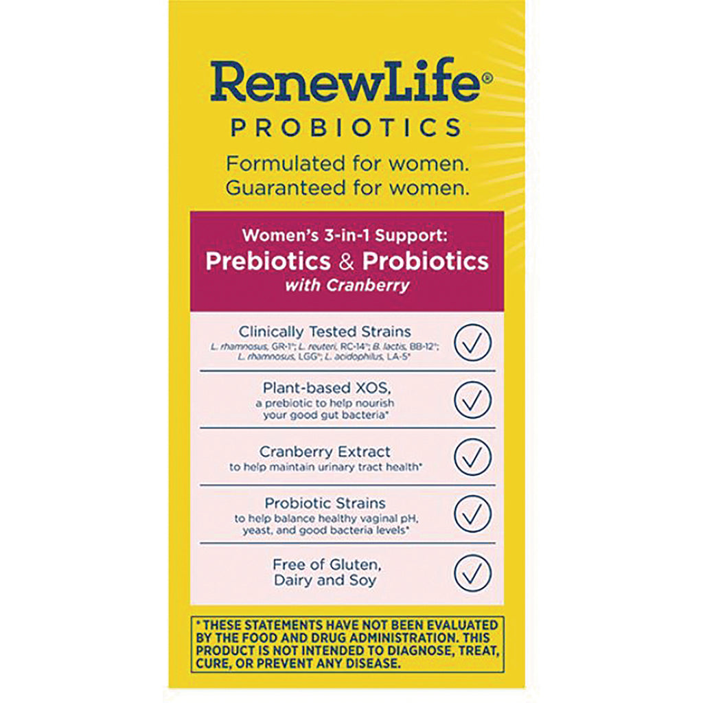 RNL214 | RenewLife probiotics back panel showing Women's 3-in-1 Prebiotics & Probiotics with Cranberry and key benefits - Thumbnail