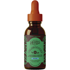HE100 | Amber dropper bottle with green label reading HERBS CHLOROXYGEN, herbal supplement 2 fluid ounces