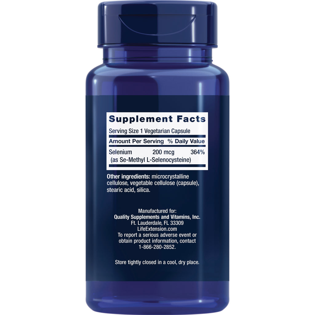 LE407 | Back of blue supplement bottle showing Supplement Facts panel: Serving Size 1 Vegetarian Capsule, Selenium 200 mcg and other ingredients - Thumbnail