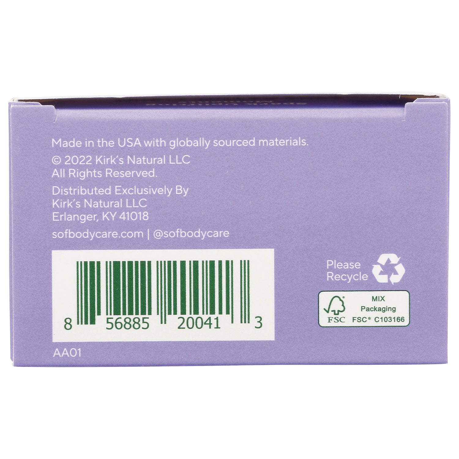 SOF017 | Back of box with barcode, Please Recycle icon, and FSC MIX Packaging label