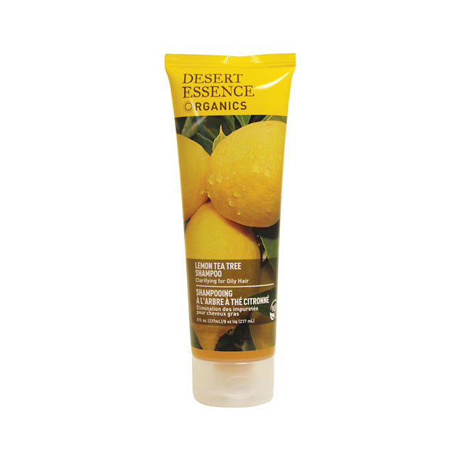 Desert Essence Organics lemon tea tree shampoo tube with lemon photo on label